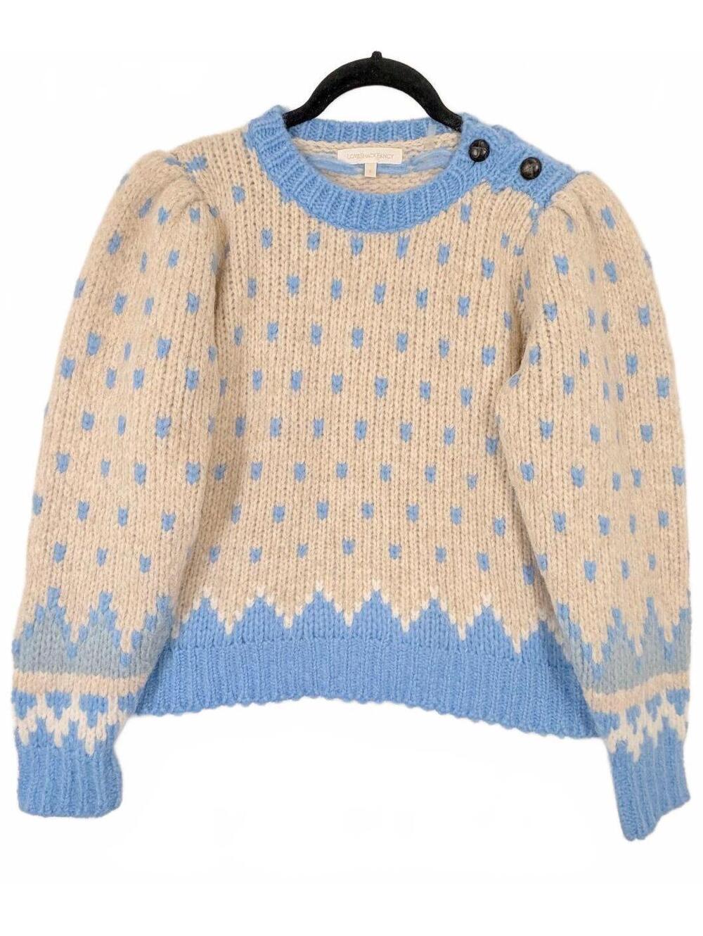 LoveShackFancy Rosie Fair Isle Alpaca Wool Puff Sleeve Shoulder Button Sweater S